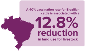 A 40% vaccination rate for Brazilian cattle is associated with a 12.8% reduction in land use for livestock.